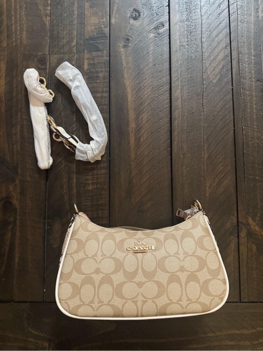 Coach Beige Signature Mini Shoulder Bag with Cream Trim